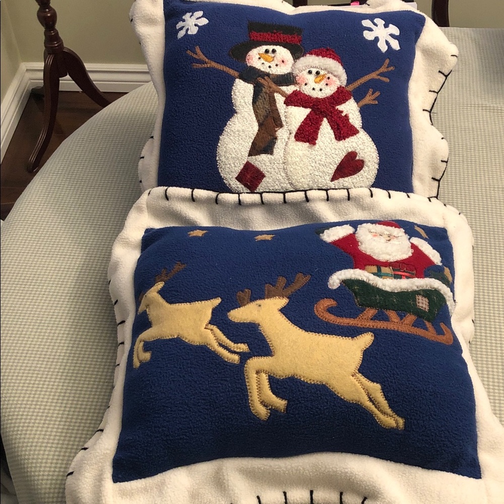 Pair of Holiday Cheer Snowman, Santa & Reindeer Fleece Pillows 18” Square #OS057